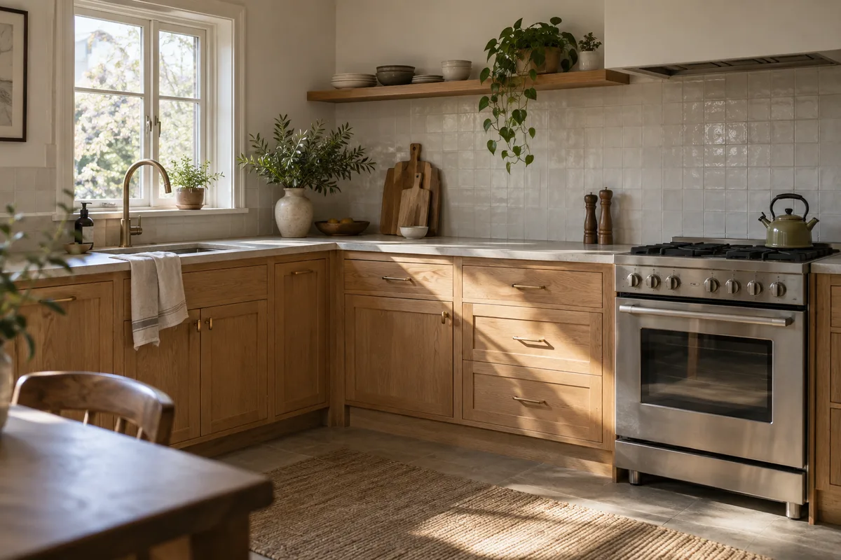 An oak-and-stone kitchen with warm natural daylight.
